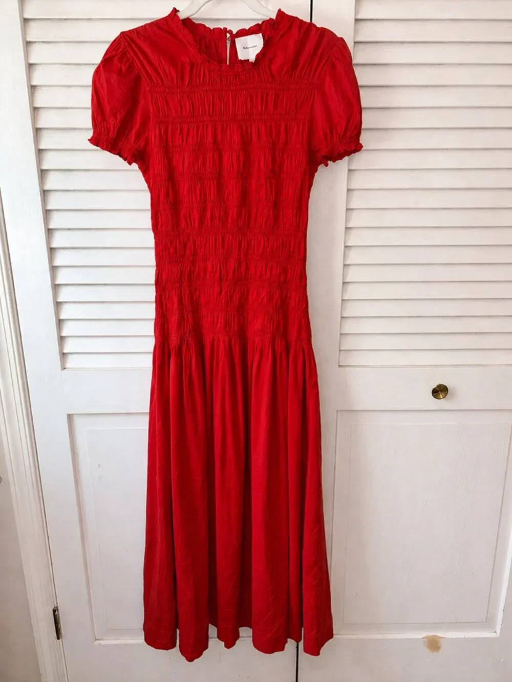 Reformation Kiria Smocked Midi Dress Red Puff Sleeve Lined Romantic Size 12 - Picture 4 of 9